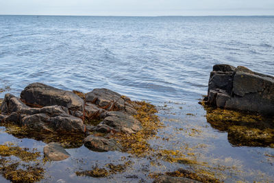 Rock formation on beach against sky
