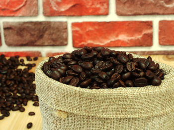 Close-up of coffee beans against wall