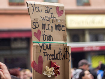 Close-up of text on cardboard