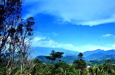 Scenic view of mountains against blue sky