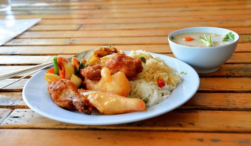 Close-up of meal served on table