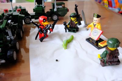 High angle view of toy car on table