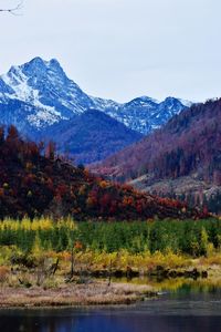 Scenic view of lake by mountains against sky