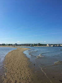 Scenic view of beach against clear blue sky