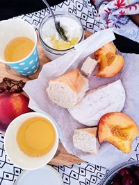 High angle view of breakfast on table
