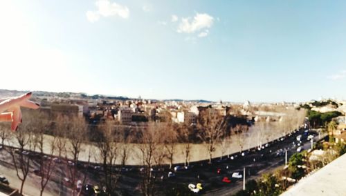 Tilt-shift image of buildings against sky