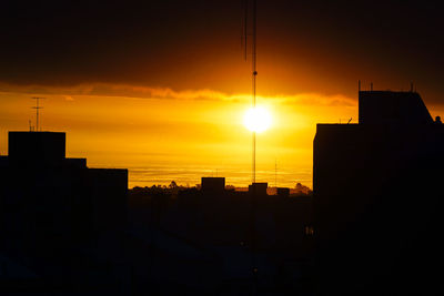 Silhouette of city at sunset