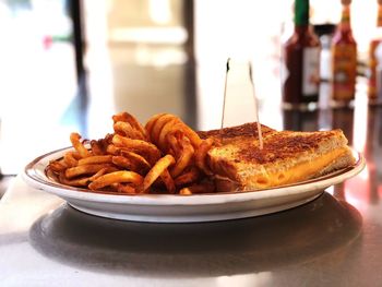 Close-up of burger in plate