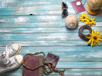 High angle view of personal accessories on table