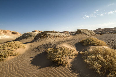 Scenic view of grass desert  small mountain forms like cake against clear blue sky