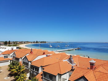 High angle view of beach against clear blue sky