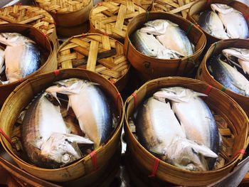 High angle view of fish in basket