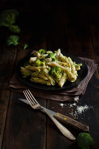 Close-up of pasta in plate on table