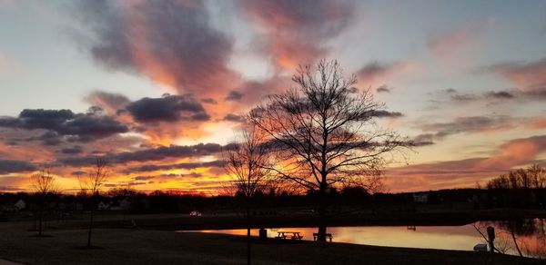 Silhouette bare trees by lake against romantic sky at sunset