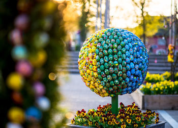 Close-up of christmas tree against sky