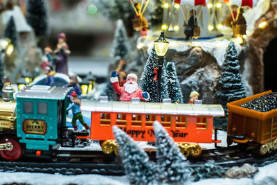 Row of toys on snow during christmas, christmas property