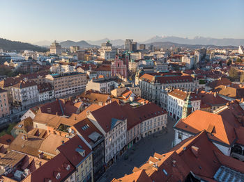 High angle view of townscape against clear sky