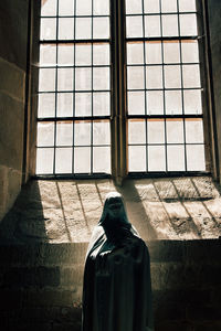 Rear view of woman standing on window