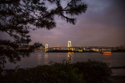 Bridge over river with city in background