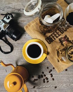 High angle view of coffee cup on table