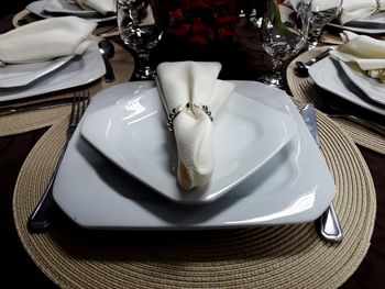 High angle view of cake in plate on table