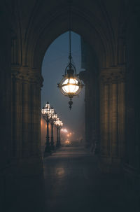 Street lights at vienna city hall framed by an arch during foggy morning