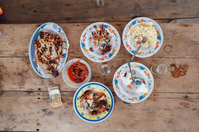 High angle view of breakfast on table