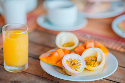 High angle view of breakfast served on table