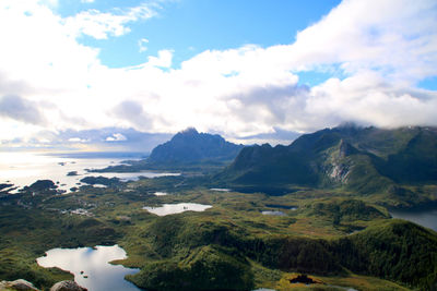 Scenic view of landscape and mountains against sky from mountaintop