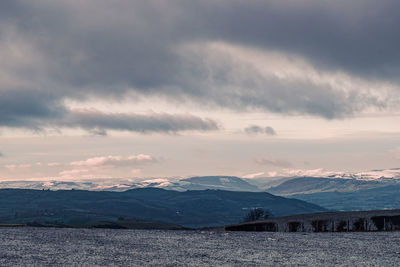 Scenic view of snowcapped mountains against sky during sunset