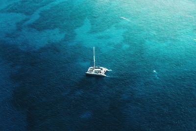 High angle view of sailboat sailing in sea