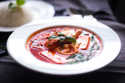 High angle view of food in plate on table