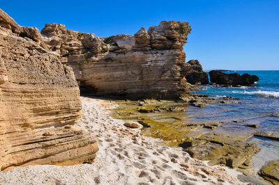Rock formation on beach against clear blue sky