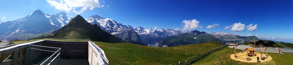 Panoramic view of snowcapped mountains against sky