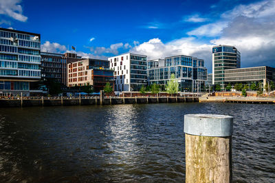 Buildings by river against sky in city