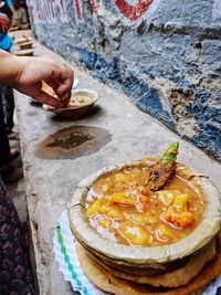 High angle view of person preparing food