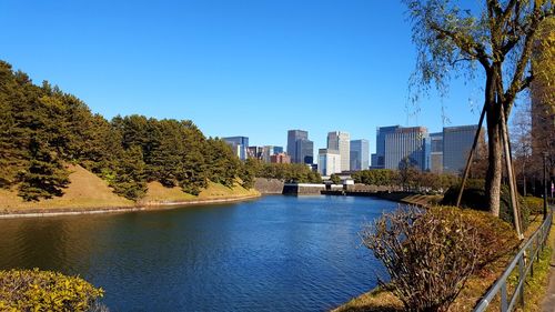 Scenic view of river by buildings against clear blue sky