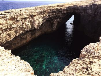 Rock formations by sea against sky