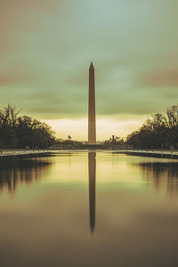 A reflecting shot of the washington monument.