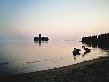 Silhouette people on beach against sky during sunset