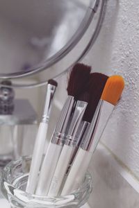 Close-up of make-up brushes at home