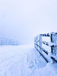 Snow covered landscape against clear sky