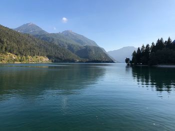 Scenic view of lake and mountains against sky