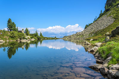 Panoramic view of lake and trees against blue sky