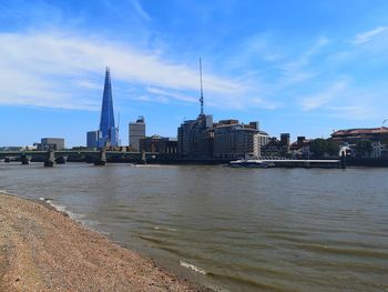 View of buildings by river against cloudy sky