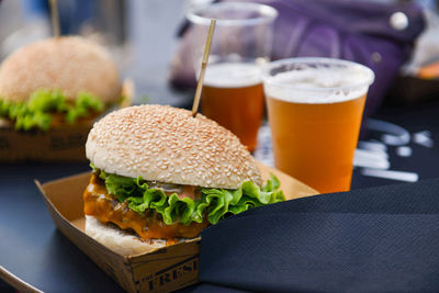 Close-up of burger on table