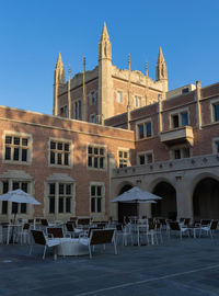 Outdoor dining area at ucla in early morning