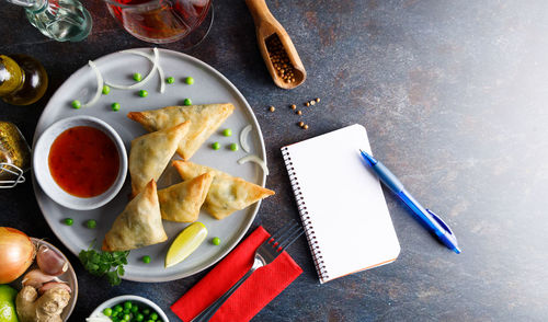 High angle view of food served on table