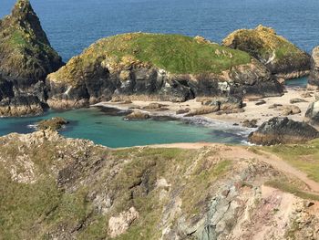 High angle view of sea by cliff