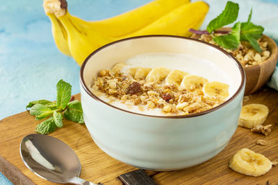 High angle view of breakfast on table